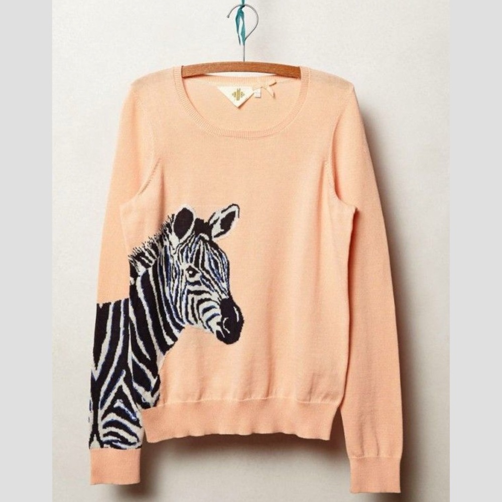 Anthro HWR Monogram Quagga Zebra Intarsia Sweater Peach Large